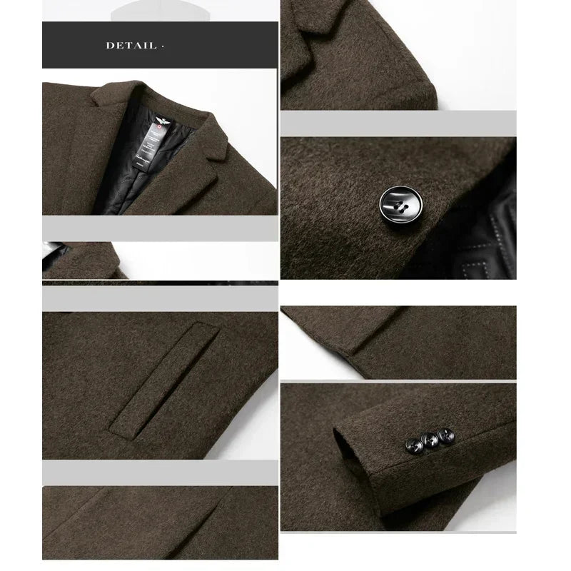 BROWON Herrenmantel Schwarz | Langer Trenchcoat aus Wolle für Business und Freizeit
