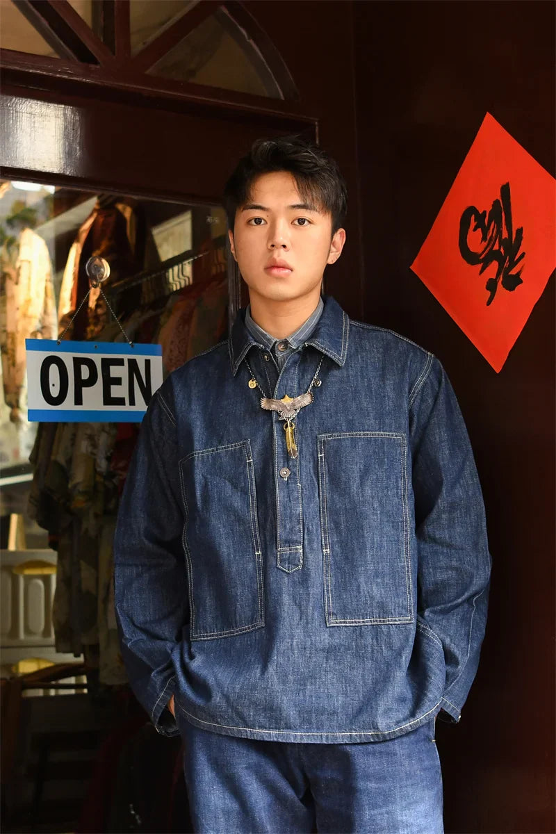 Blau Denim Pulloverjacke Herren | 100% Baumwolle, Vintage-Stil