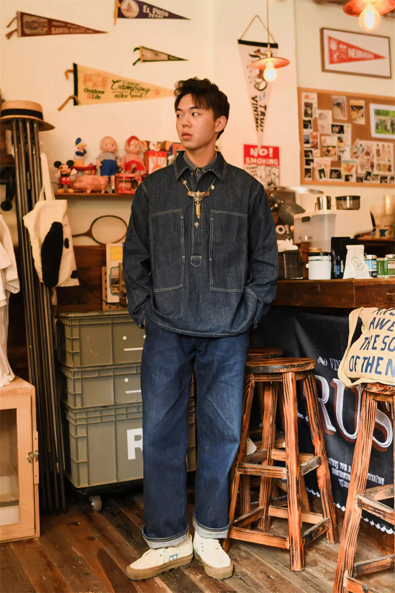 Blau Denim Pulloverjacke Herren | 100% Baumwolle, Vintage-Stil