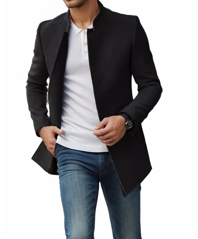 Fode Herren Mantel Lang | Wolle-Mischung, Slim Fit, Schwarz