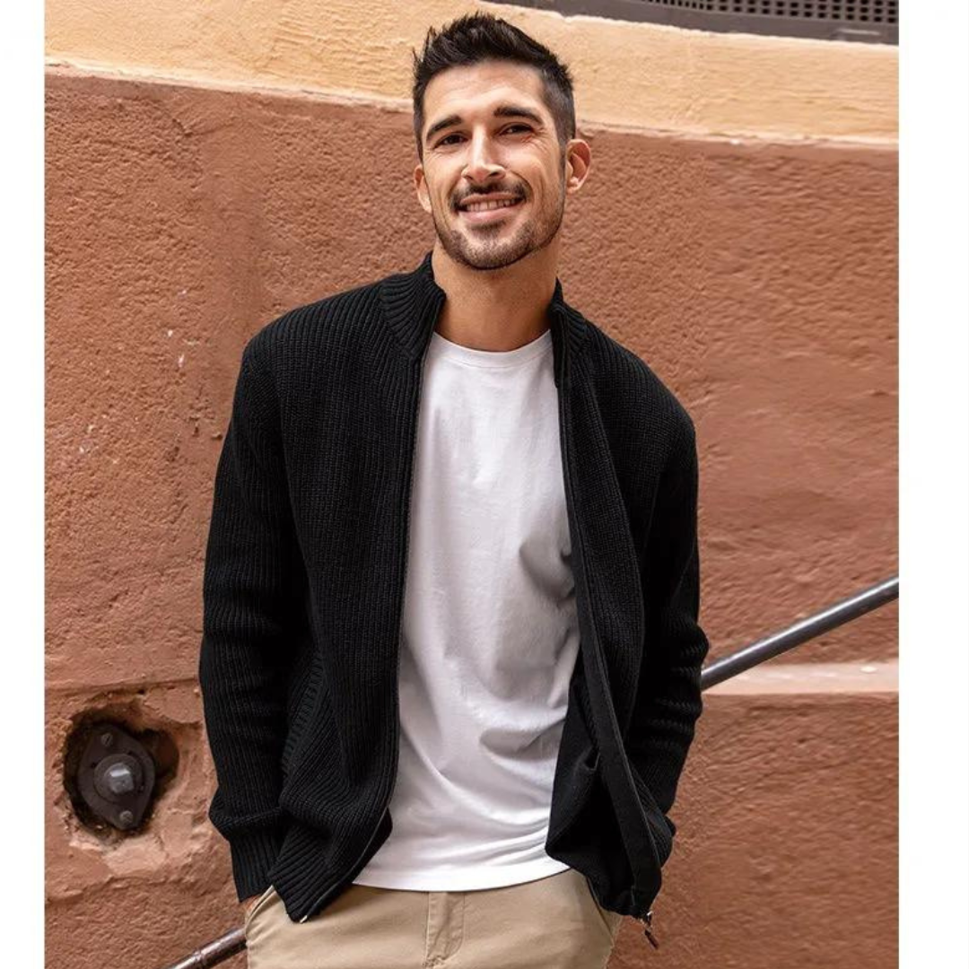 Herren Zip-Kragen Pullover mit horizontaler Rippstruktur