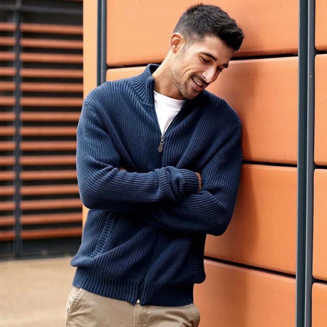 Herren Zip-Kragen Pullover mit horizontaler Rippstruktur