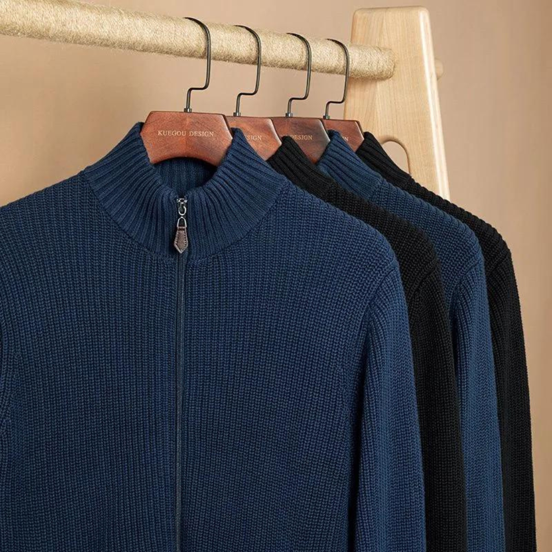 Herren Zip-Kragen Pullover mit horizontaler Rippstruktur