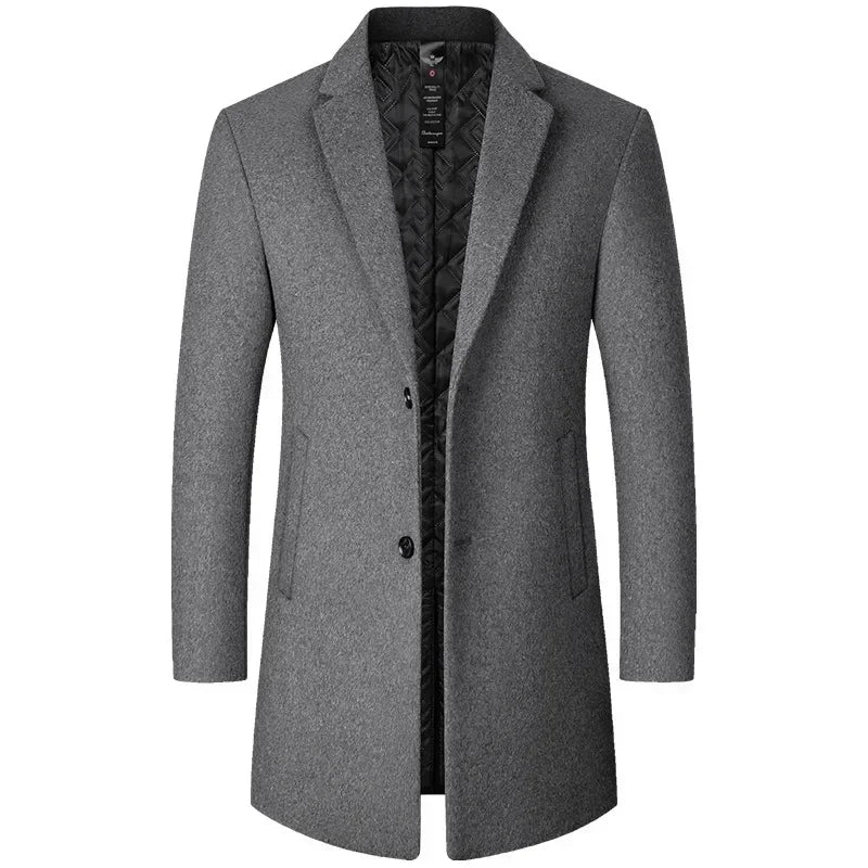 BROWON Herrenmantel Schwarz | Langer Trenchcoat aus Wolle für Business und Freizeit