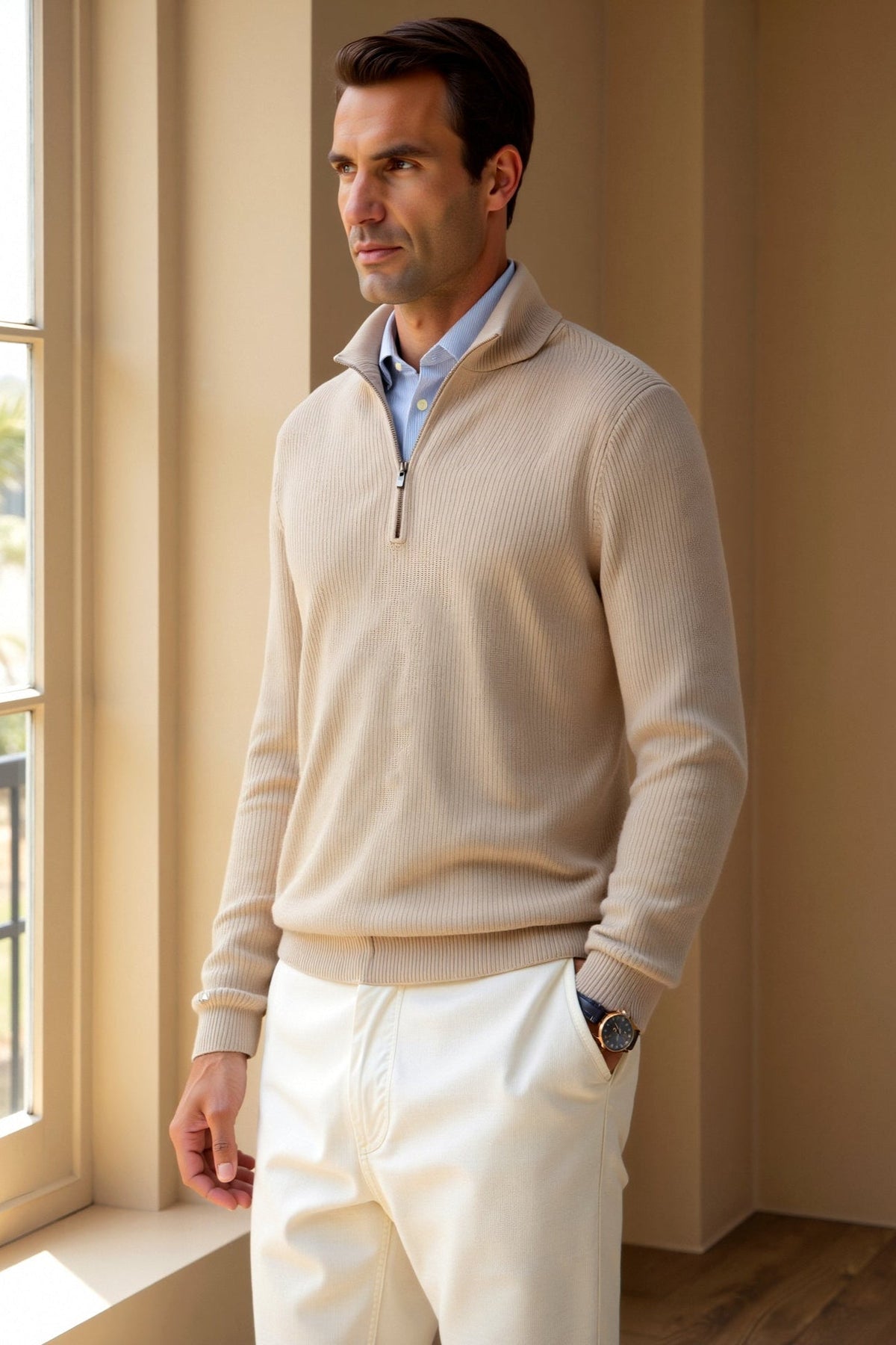 Herren Viertel-Reißverschluss Pullover - Klassisches Strickdesign aus Wolle