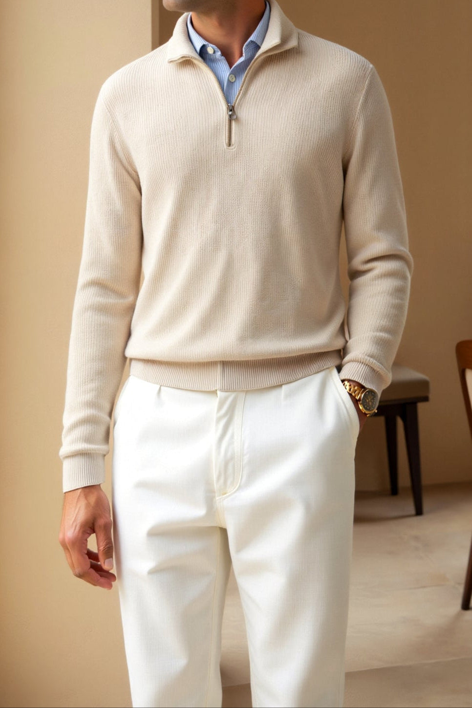 Herren Viertel-Reißverschluss Pullover - Klassisches Strickdesign aus Wolle