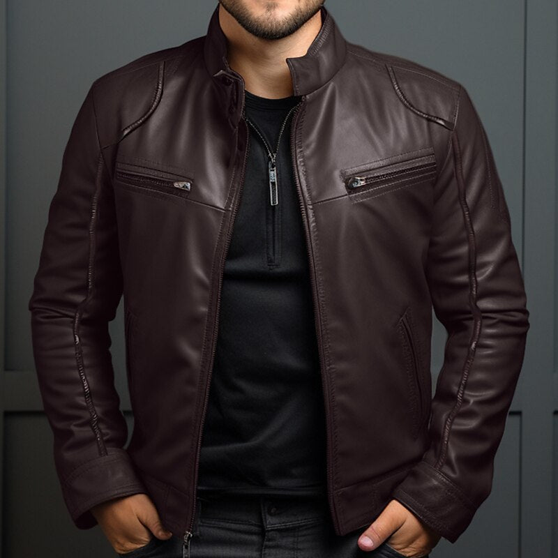 Herren Vintage Lederjacke mit Reißverschluss und Taschen