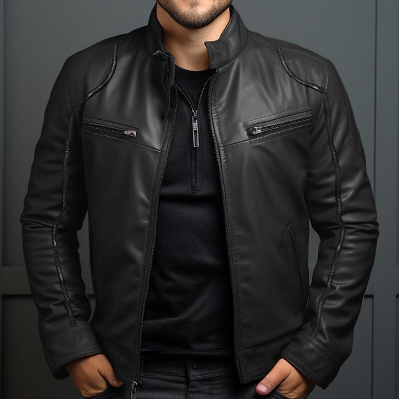 Herren Vintage Lederjacke mit Reißverschluss und Taschen