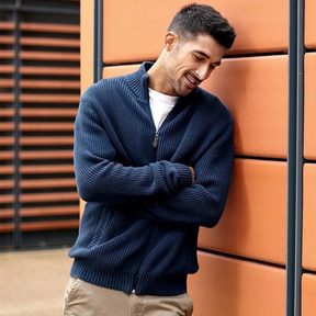 Herren Zip-Kragen Pullover mit horizontaler Rippstruktur
