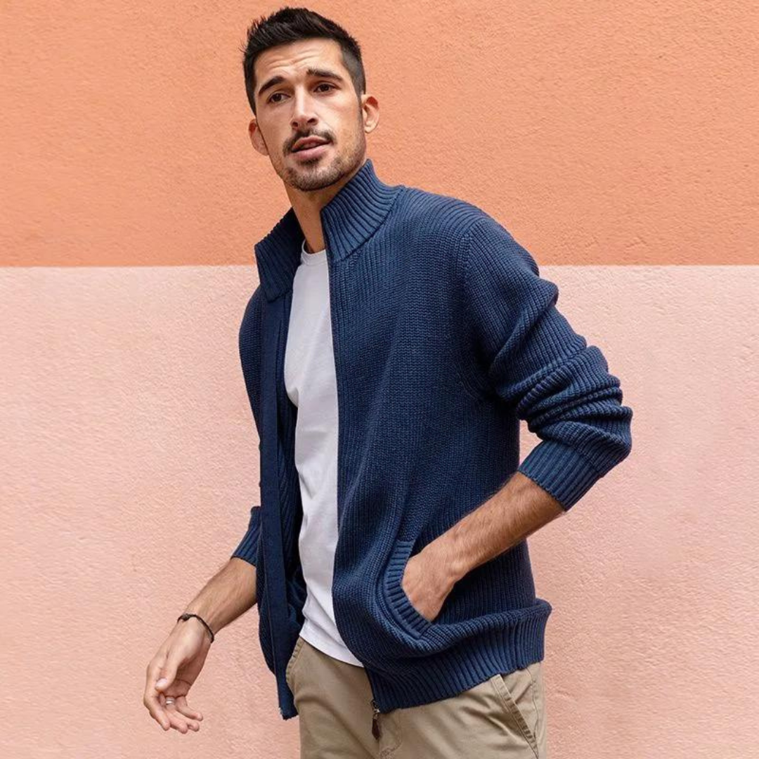 Herren Zip-Kragen Pullover mit horizontaler Rippstruktur